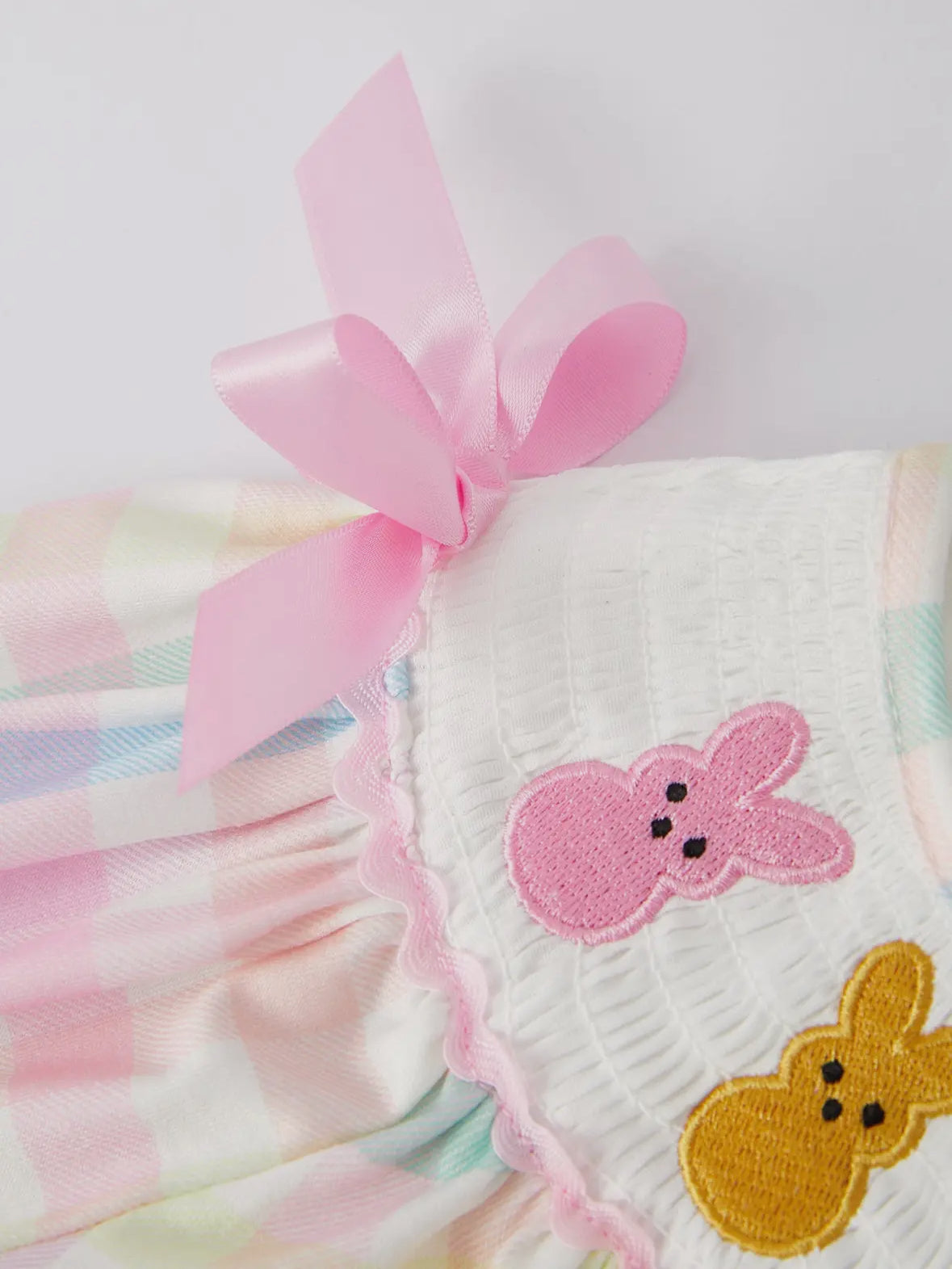 Bunny Embroidered Plaid Pink Bow Dress π°
