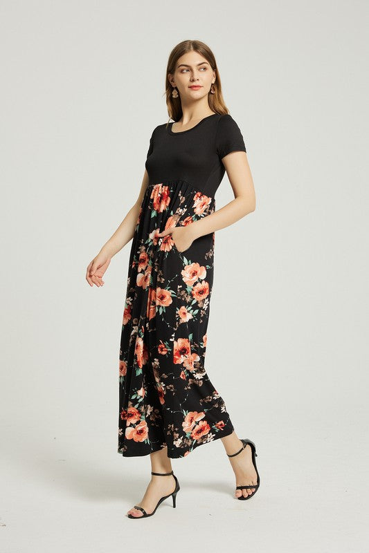 Womens Casual Floral Maxi Dress With Pocket