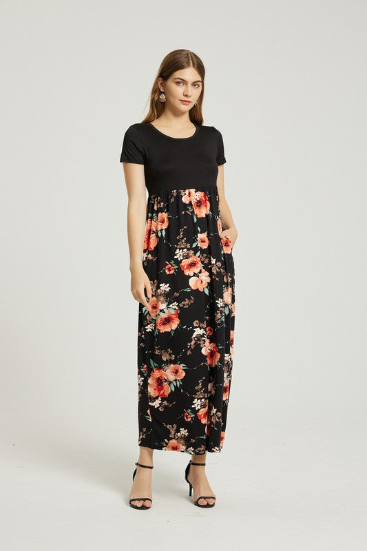 Womens Casual Floral Maxi Dress With Pocket