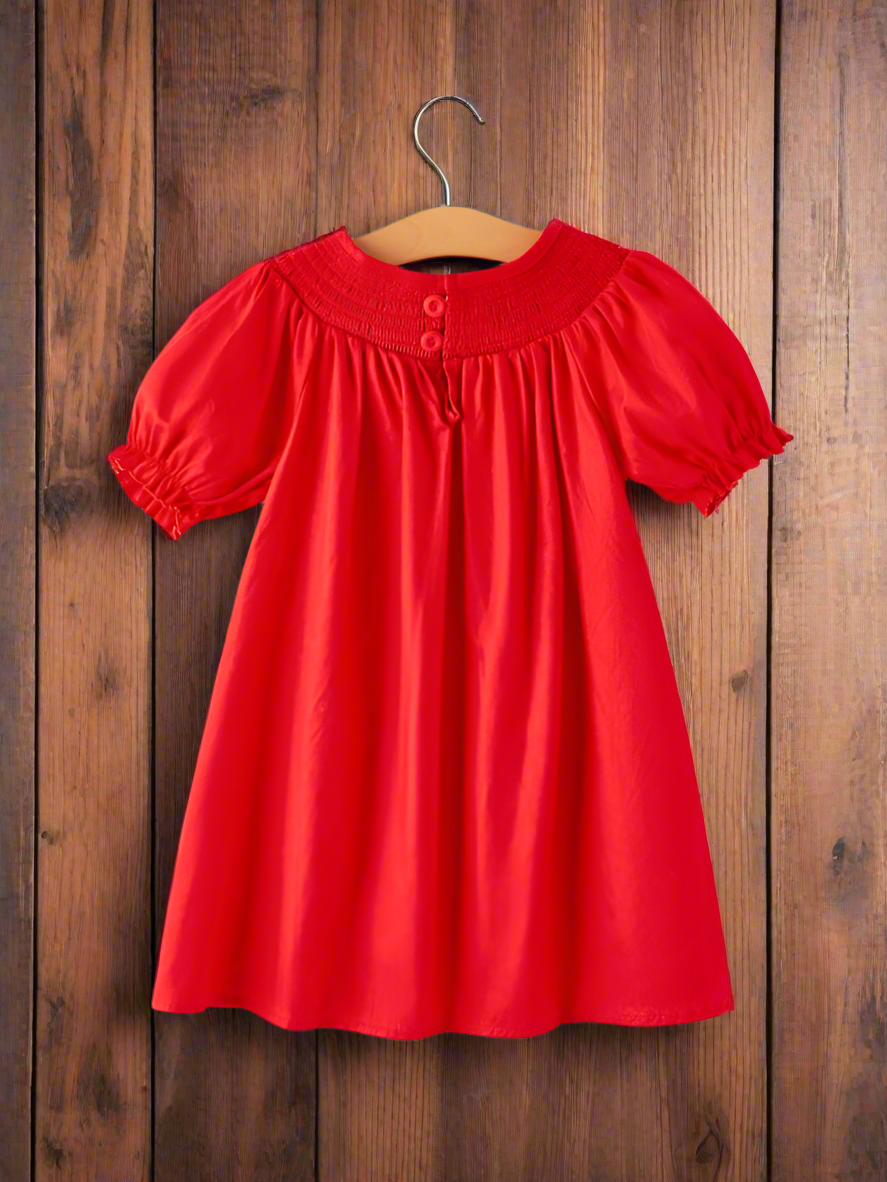 Girls Bow Embroidered Smocked Red Dress