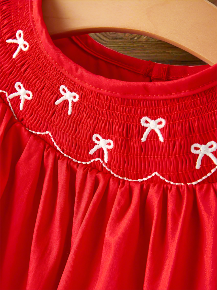 Girls Bow Embroidered Smocked Red Dress