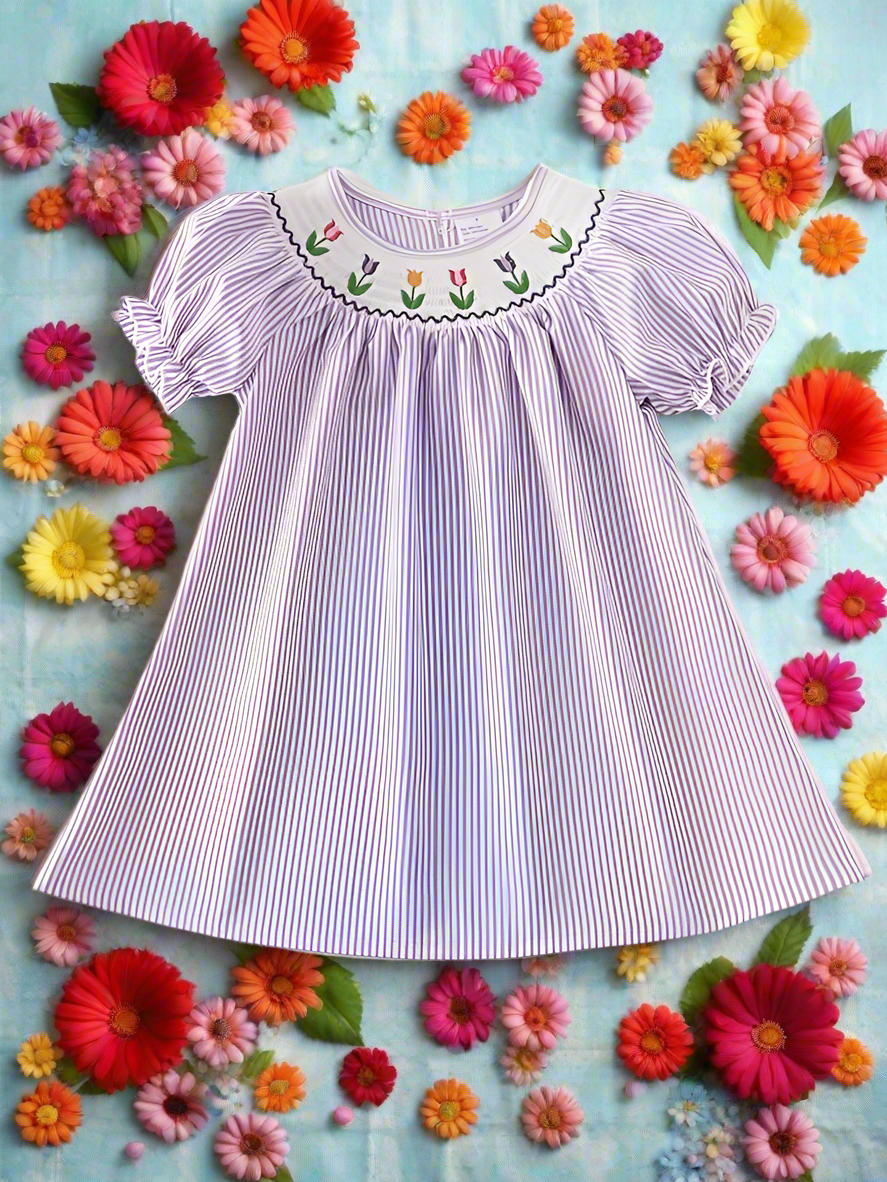 Girls Flower Embroidered Smock Dress