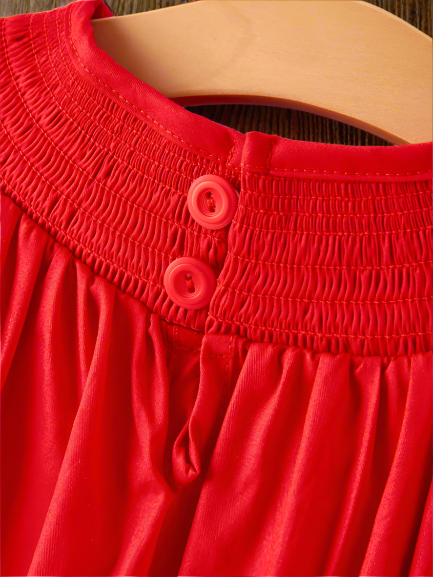 Girls Bow Embroidered Smocked Red Dress