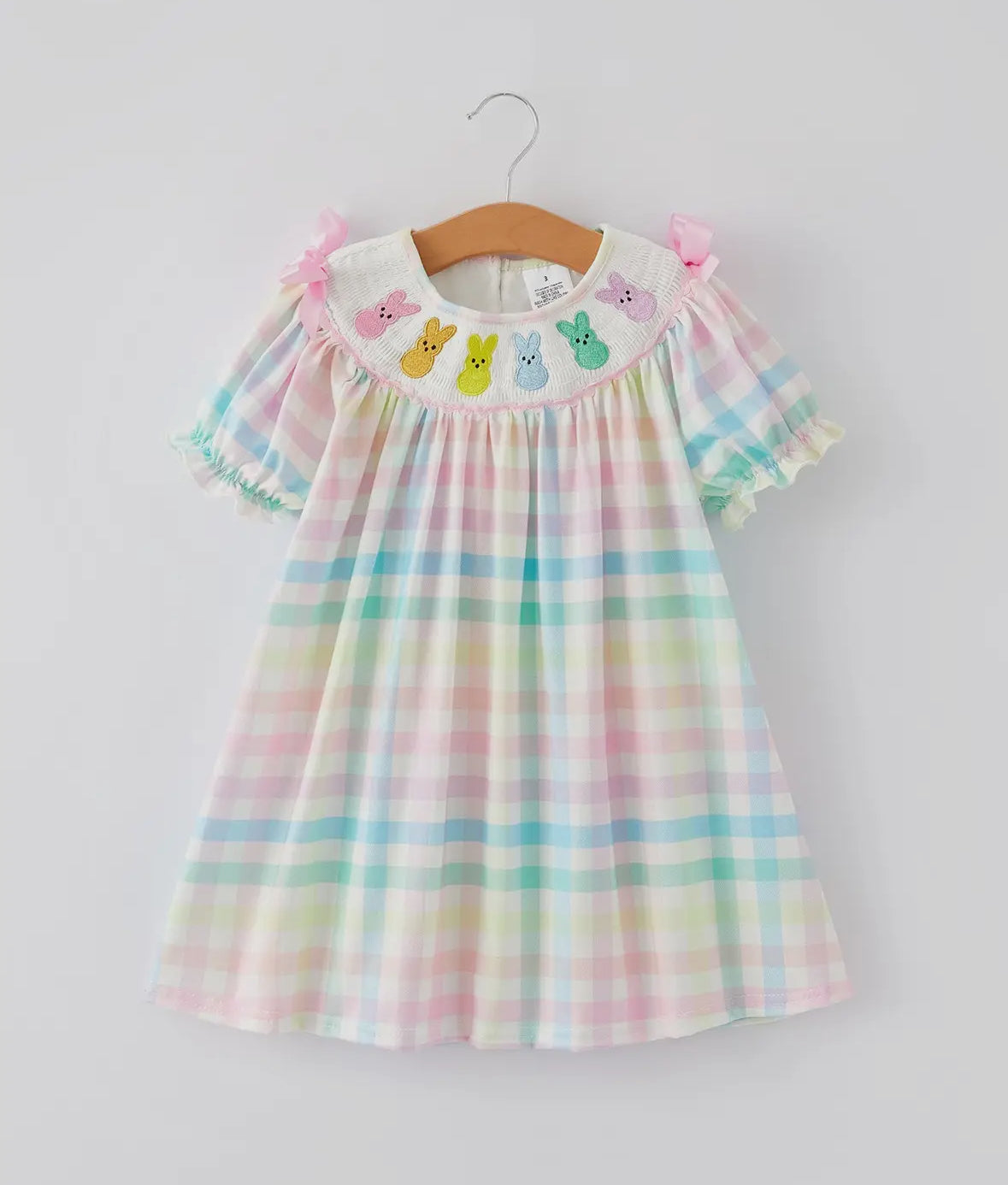 Bunny Embroidered Plaid Pink Bow Dress π°