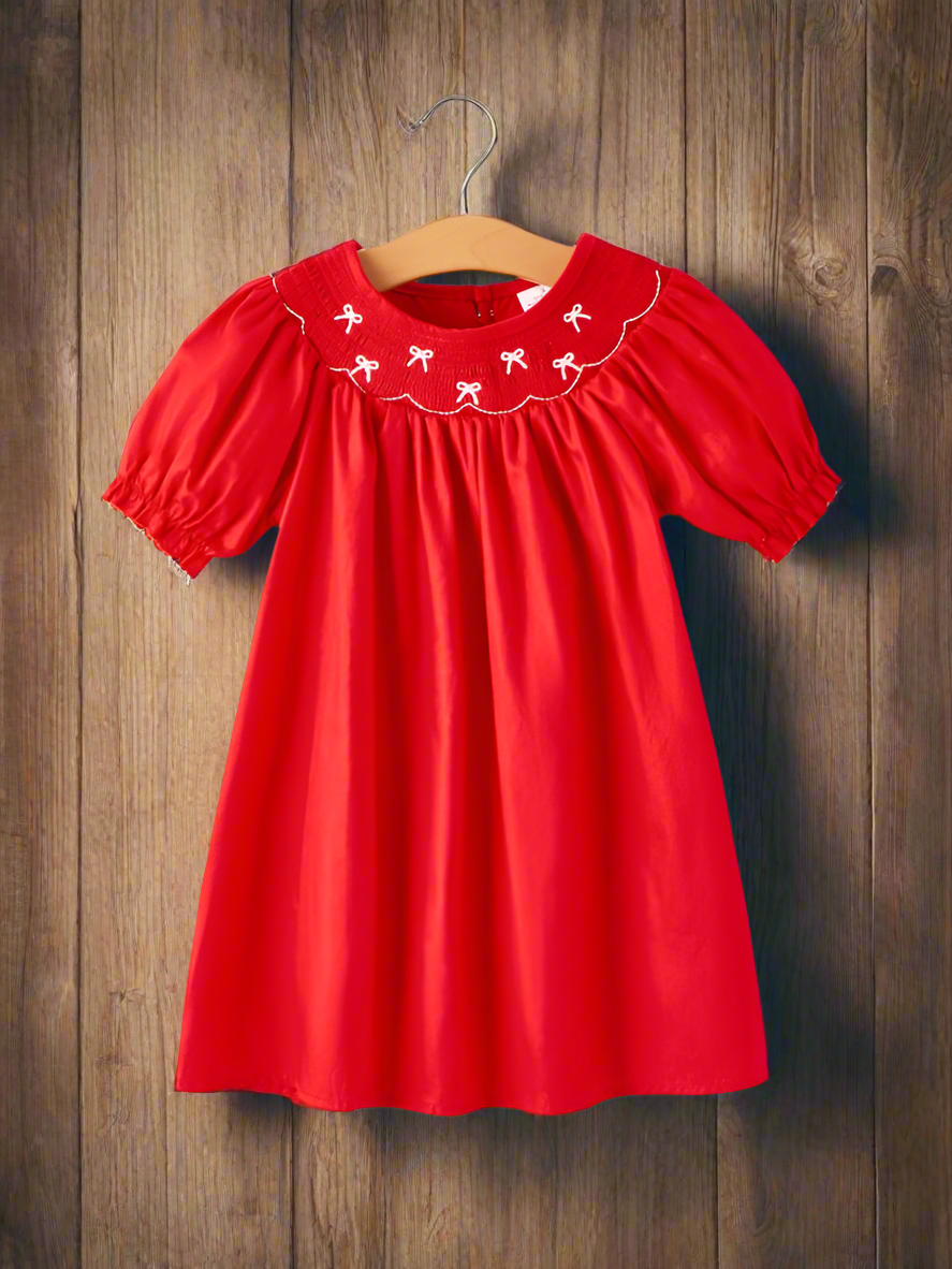 Girls Bow Embroidered Smocked Red Dress