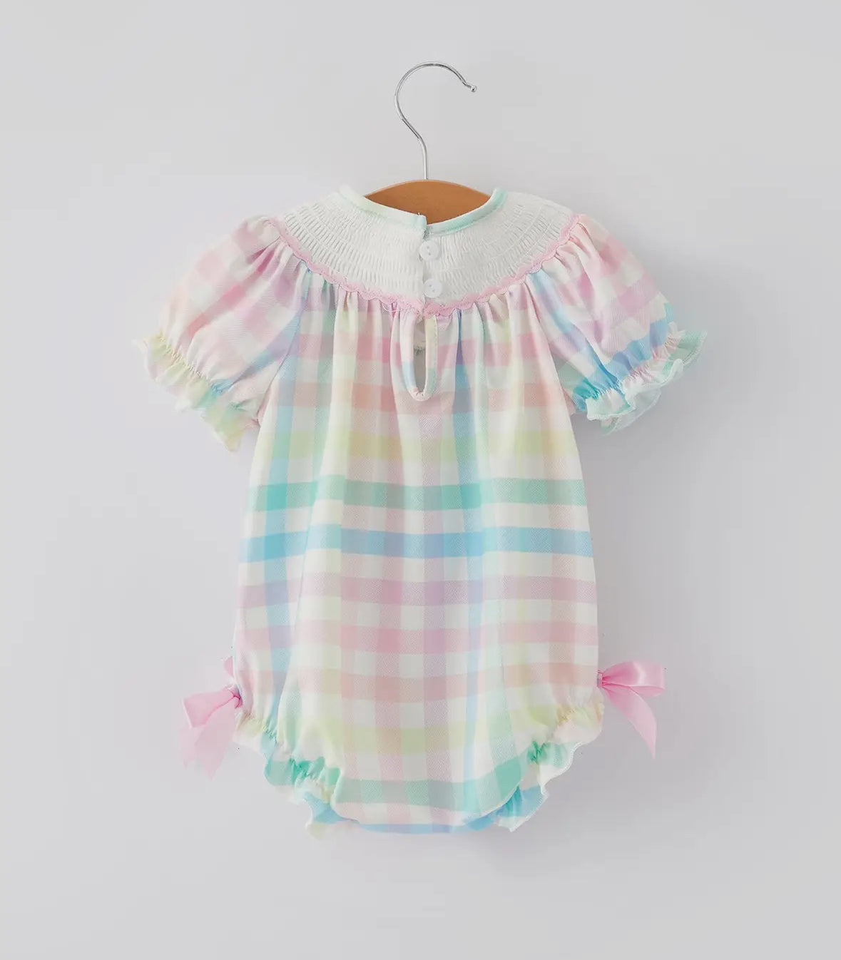 Bunny Embroidered Plaid Pink Bow Baby Romper🐰