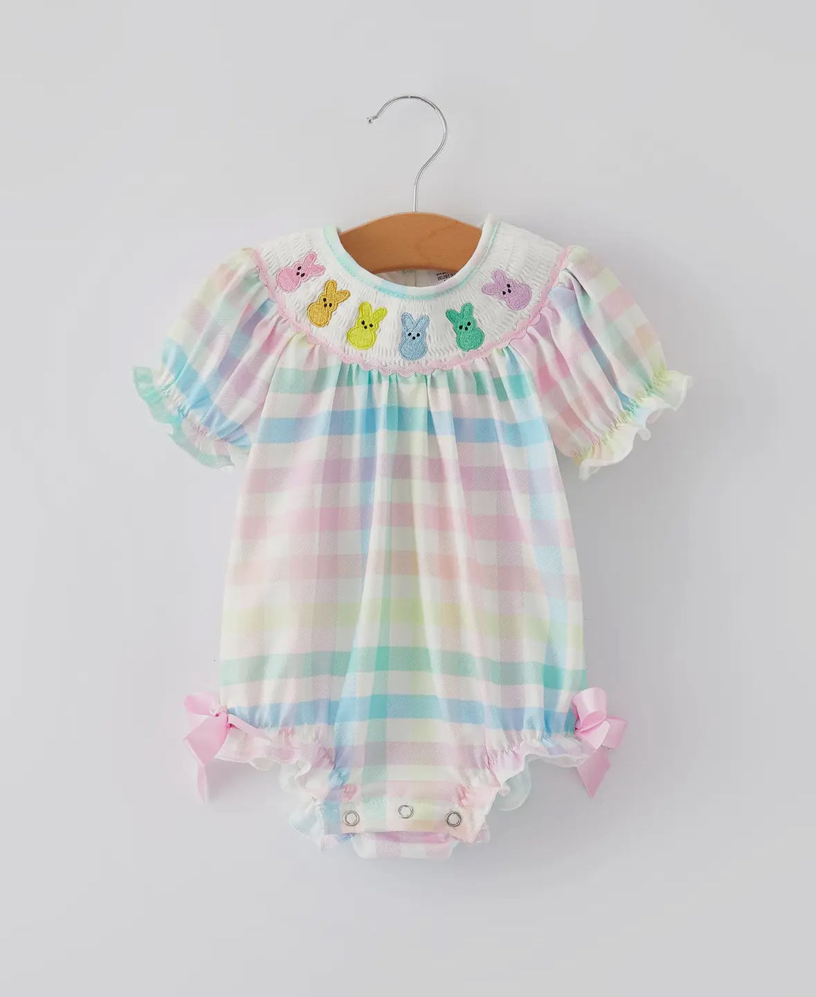 Bunny Embroidered Plaid Pink Bow Baby Romper🐰