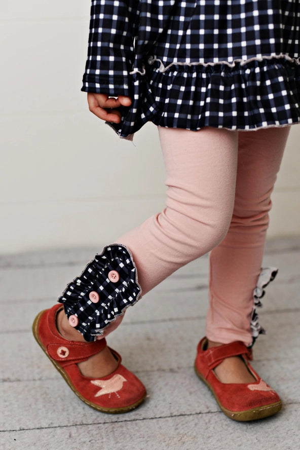 Kids Pink & Navy Gingham Check Button Ruffle Pant Set