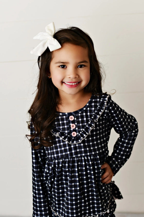 Kids Pink & Navy Gingham Check Button Ruffle Pant Set