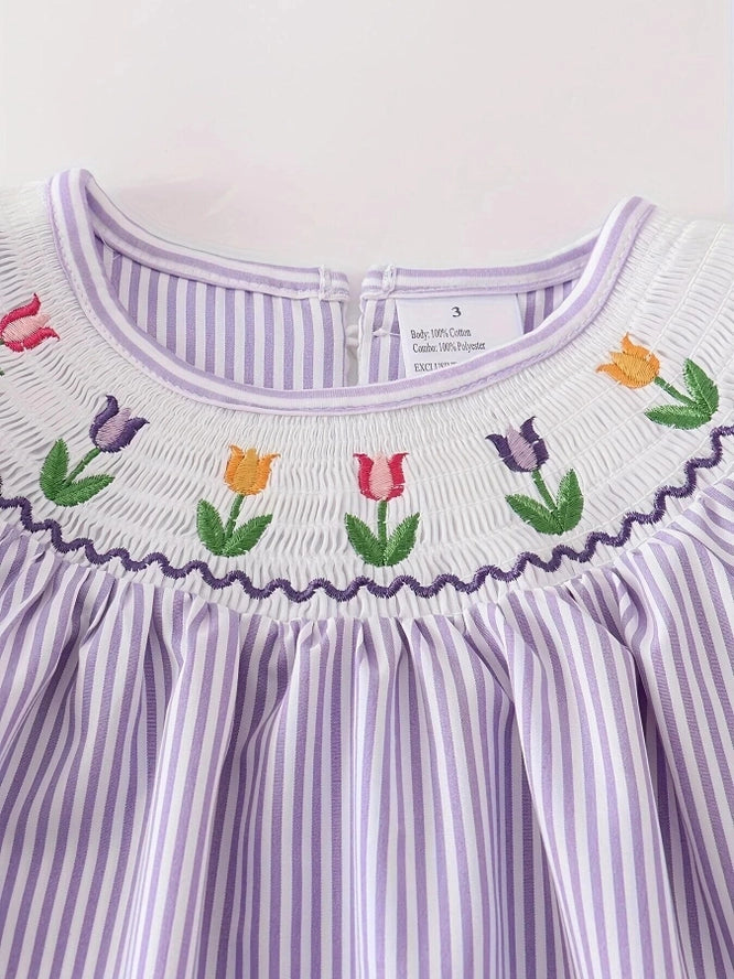 Girls Flower Embroidered Smock Dress