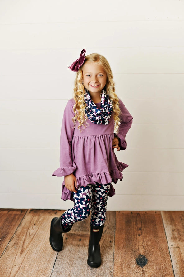 Kids Hi-Lo Lavender & Floral Print 3 Piece Scarf Fall Set