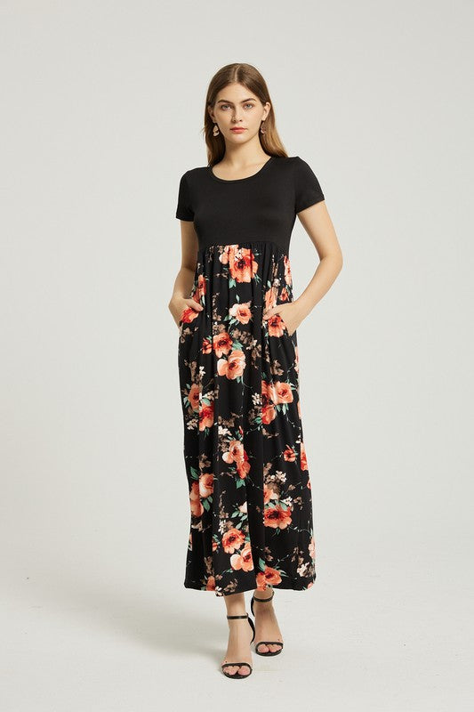 Womens  Casual Floral Maxi Dress With Pocket
