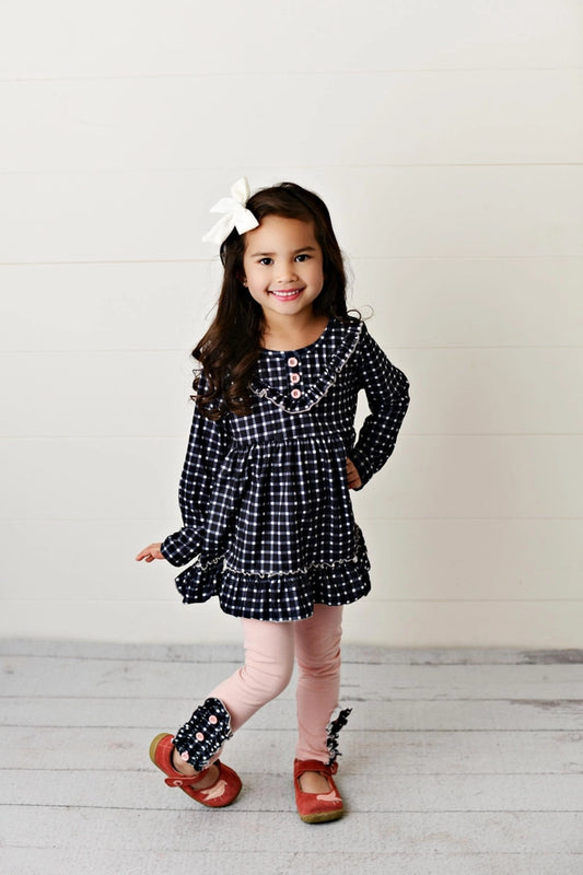 Kids Pink & Navy Gingham Check Button Ruffle Pant Set