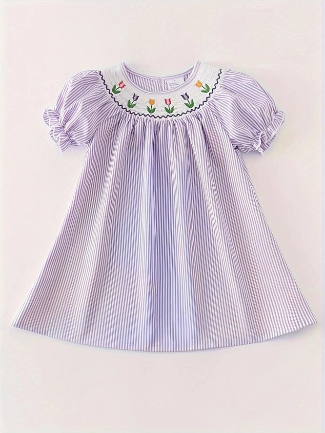 Girls Flower Embroidered Smock Dress