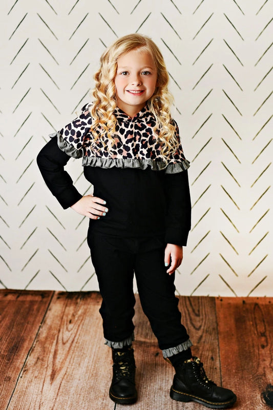 Kids Black Leopard Ruffle Hooded Sweatshirt Lounge Set