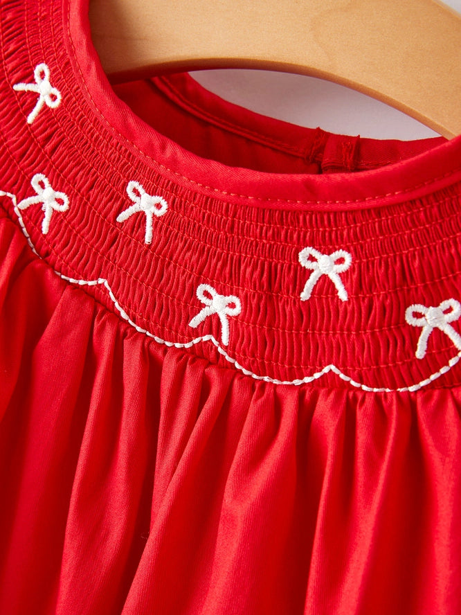 Girls Bow Embroidered Smocked Red Dress