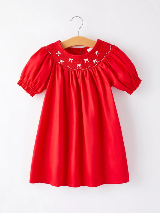 Girls Bow Embroidered Smocked Red Dress